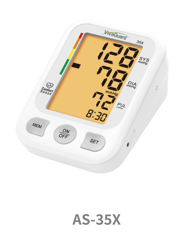 Global Healthcare Medical GHM AS-35X US upper arm blood pressure monitoring system with backlit LCD display, 120-reading memory, irregular heartbeat detection, excessive body movement detection, date/time display, and optional talking function for professional and home use