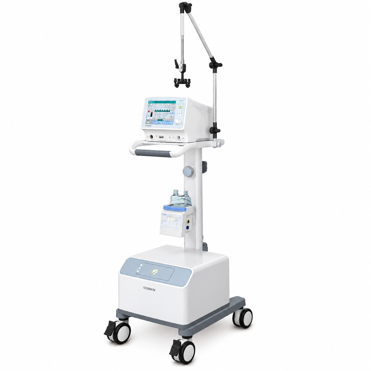 Comen NV8 non-invasive neonatal ventilator with 8-inch touchscreen, NCPAP NIPPV SNIPPV HFNC modes, iFlow closed-loop pressure control and 4-hour battery for NICU and transport