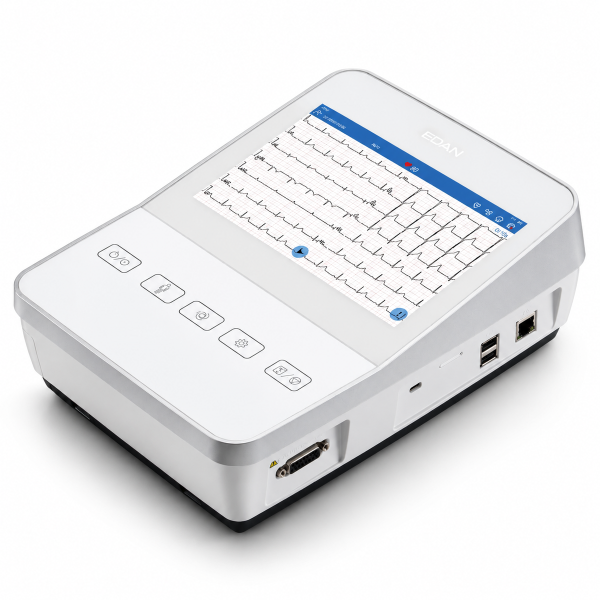 EDAN SE-1200 Pro 12-channel portable electrocardiograph with 8-inch touchscreen, AI-assisted interpretation, 80 kHz pacemaker detection and built-in thermal printer for clinical ECG