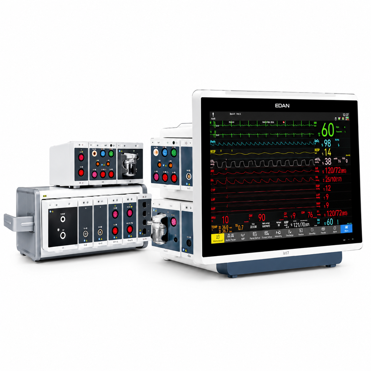 EDAN iV17 18.5-inch anti-glare HD modular patient monitor with XM5 parameter modules, clinical assistive scoring and HL7 connectivity for ICU and operating rooms