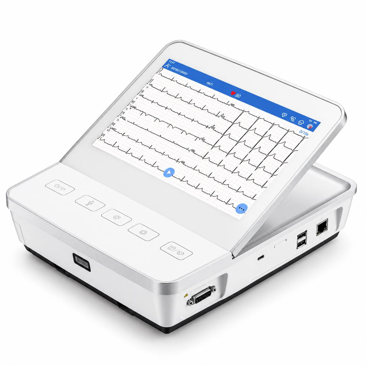 EDAN SE-1201 Pro 12-channel portable electrocardiograph with 10.1-inch 1920x1200 touchscreen, 80 kHz pacemaker detection, calculated 18-lead report option and built-in thermal printer for clinical ECG