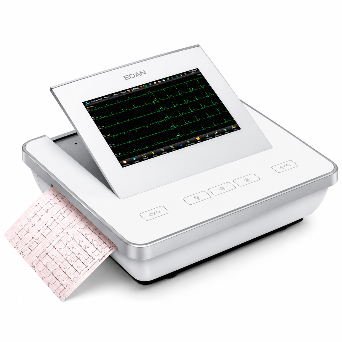 EDAN SE-1202 12-channel advanced ECG workstation with 10.1-inch foldable touchscreen, 80 kHz pacemaker detection, VCG/TVCG/SAECG analysis and waterproof capacitive keys for cardiac diagnostics