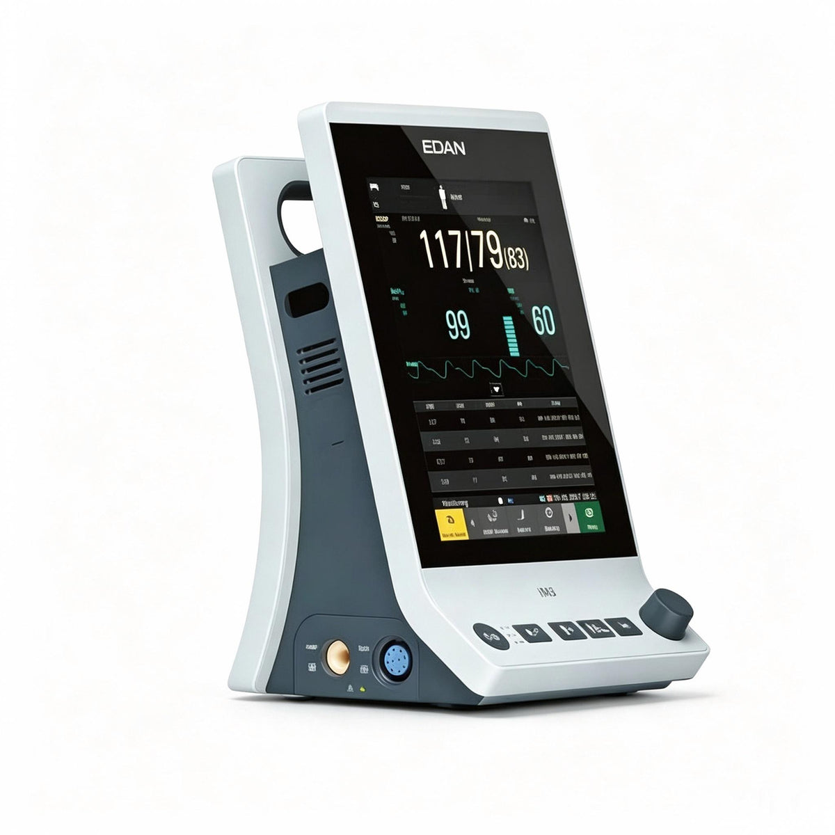 EDAN iM3 vital signs monitor with 8-inch touchscreen and 360-degree alarm light for spot checks and ward rounds