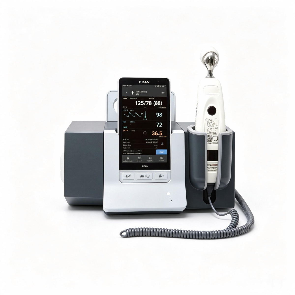 EDAN iM3s pocket-sized vital signs monitor with 5-inch touchscreen for SpO2, NIBP, and temperature spot checks