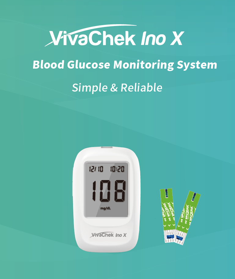 Global Healthcare Medical GHM Ino X US blood glucose monitoring system - Bluetooth-enabled blood glucose meter with 5-second test time, 20-600 mg/dL range, 1,000-result memory, large 47 mm × 37 mm display, and VivaGuard app connectivity for home glucose monitoring