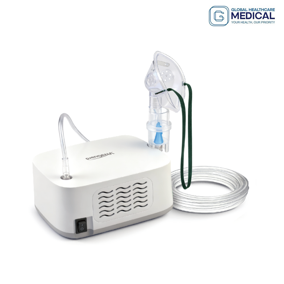 Global Healthcare Medical GHM NB-213C US AC compressor nebulizer with ≥0.2 mL/min nebulization rate, MMAD ≤5 μm, FPF >60%, 60–180 kPa nebulization pressure, ≤60 dB quiet operation, and 10 mL capacity for professional and home use