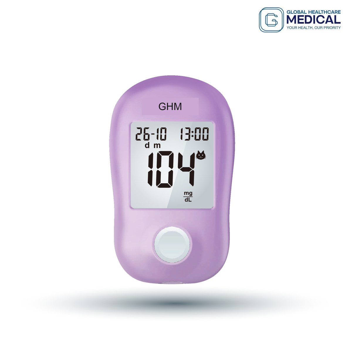 Global Healthcare Medical GHM VQpet H US veterinary blood glucose monitoring system for cats, dogs, rats, and rabbits with 5-second test time, 0.5 μL sample volume, GDH-FAD enzyme technology, auto-calibration, and 300-record memory for pet diabetes management
