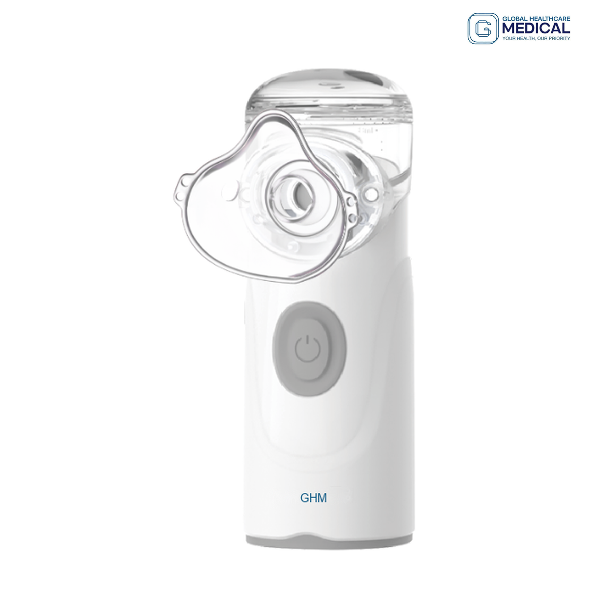 Global Healthcare Medical GHM M16 US mesh nebulizer with vibrating mesh technology, ≤3 μm particle size, ≥0.2 mL/min nebulization rate, ≤50 dB quiet operation, 8 mL medication capacity, and battery or USB power for professional and home use