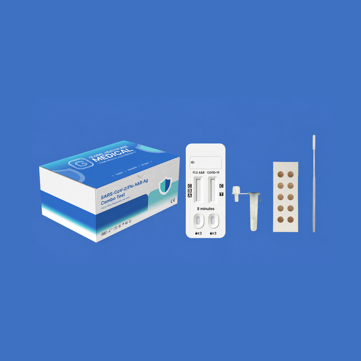 Global Healthcare Medical GHM SARS-CoV-2 / Flu A&B Antigen Combo Rapid Test US - Colloidal gold immunochromatography kit for qualitative detection and differentiation of SARS-CoV-2, Influenza A, and Influenza B antigens in nasal swab specimens with 15-minute results, CE marked and ISO 13485 certified for professional point-of-care use