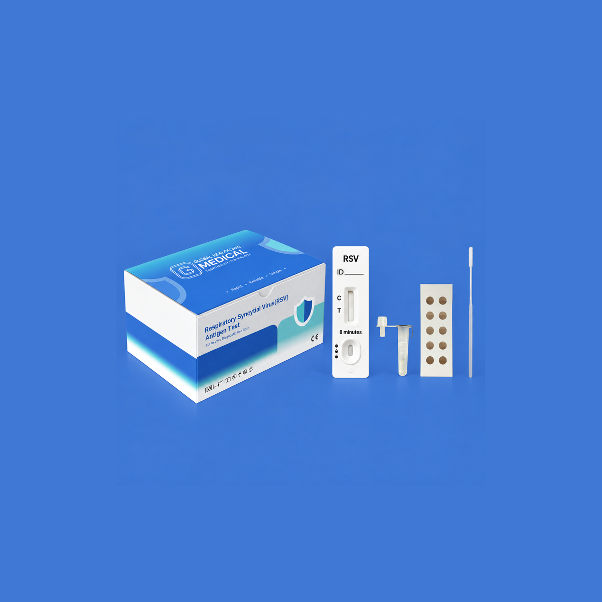 Global Healthcare Medical GHM Respiratory Syncytial Virus (RSV) Antigen Rapid Test US - Colloidal gold immunochromatography kit for qualitative detection of RSV nucleoprotein antigen in nasal or nasopharyngeal swab specimens with 8-minute results, 95.7% sensitivity and 99.1% specificity, CE marked and ISO 13485 certified for professional point-of-care use