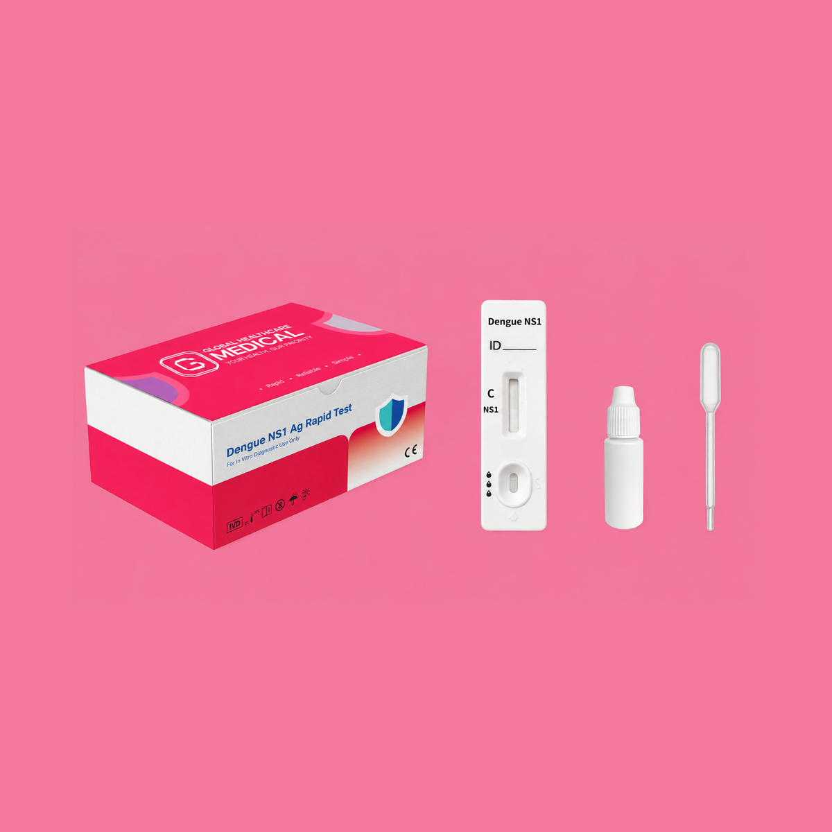 Global Healthcare Medical GHM Dengue NS1 Antigen Rapid Test US - Colloidal gold immunochromatography kit for qualitative detection of dengue virus NS1 antigen in whole blood, serum, or plasma specimens with 10-minute results, 97.4% sensitivity and 100% specificity, CE marked and ISO 13485 certified for professional point-of-care use
