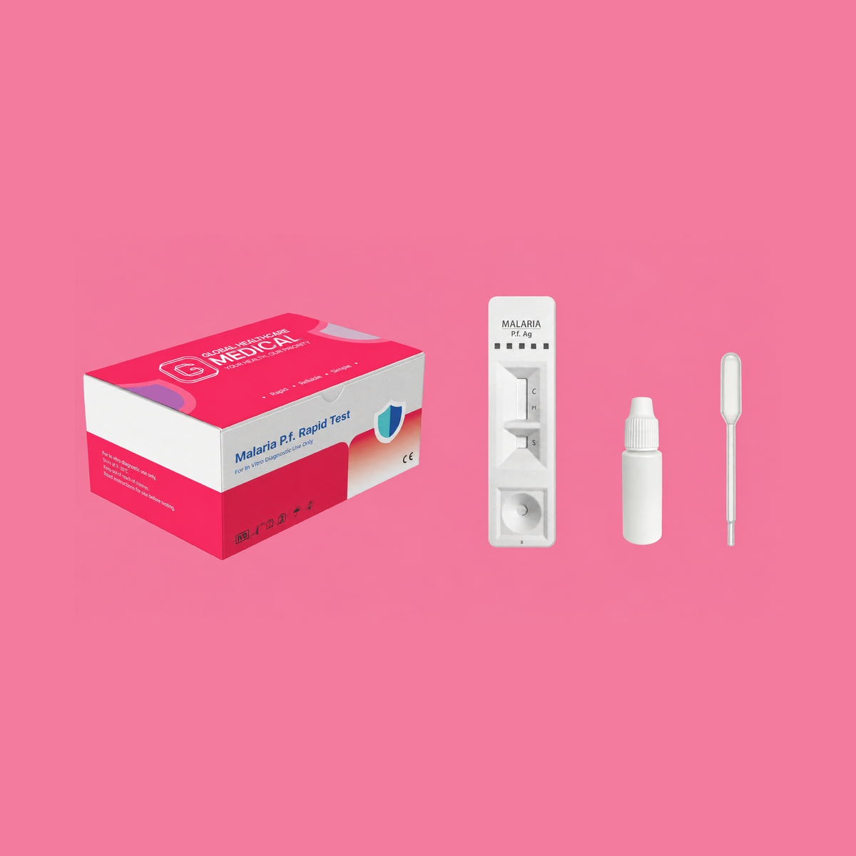 Global Healthcare Medical GHM Malaria P.f. Antigen Rapid Test US - Colloidal gold immunochromatography kit for qualitative detection of Plasmodium falciparum HRP-II antigen in whole blood specimens with 10-minute results, 95.92% sensitivity and >99.99% specificity, CE marked and ISO 13485 certified for professional point-of-care use