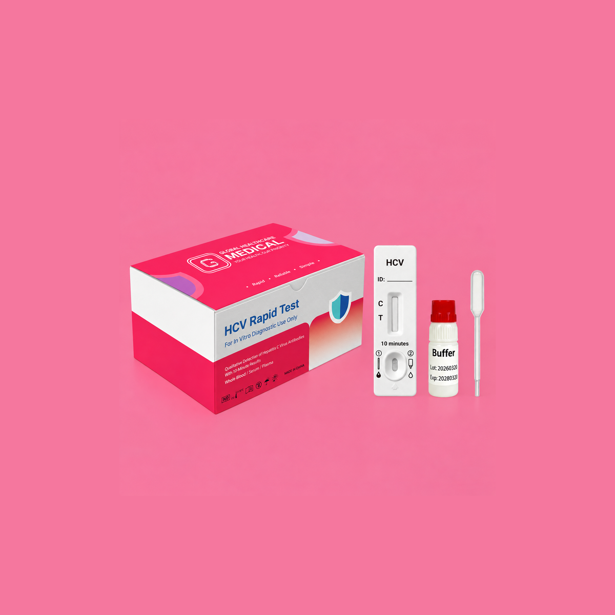 Global Healthcare Medical GHM HCV Rapid Test US - Colloidal gold immunochromatography kit for qualitative detection of hepatitis C virus antibodies in whole blood, serum, or plasma specimens with 10-minute results, 98.8% sensitivity and 99.1% specificity, CE marked and ISO 13485 certified for professional point-of-care use
