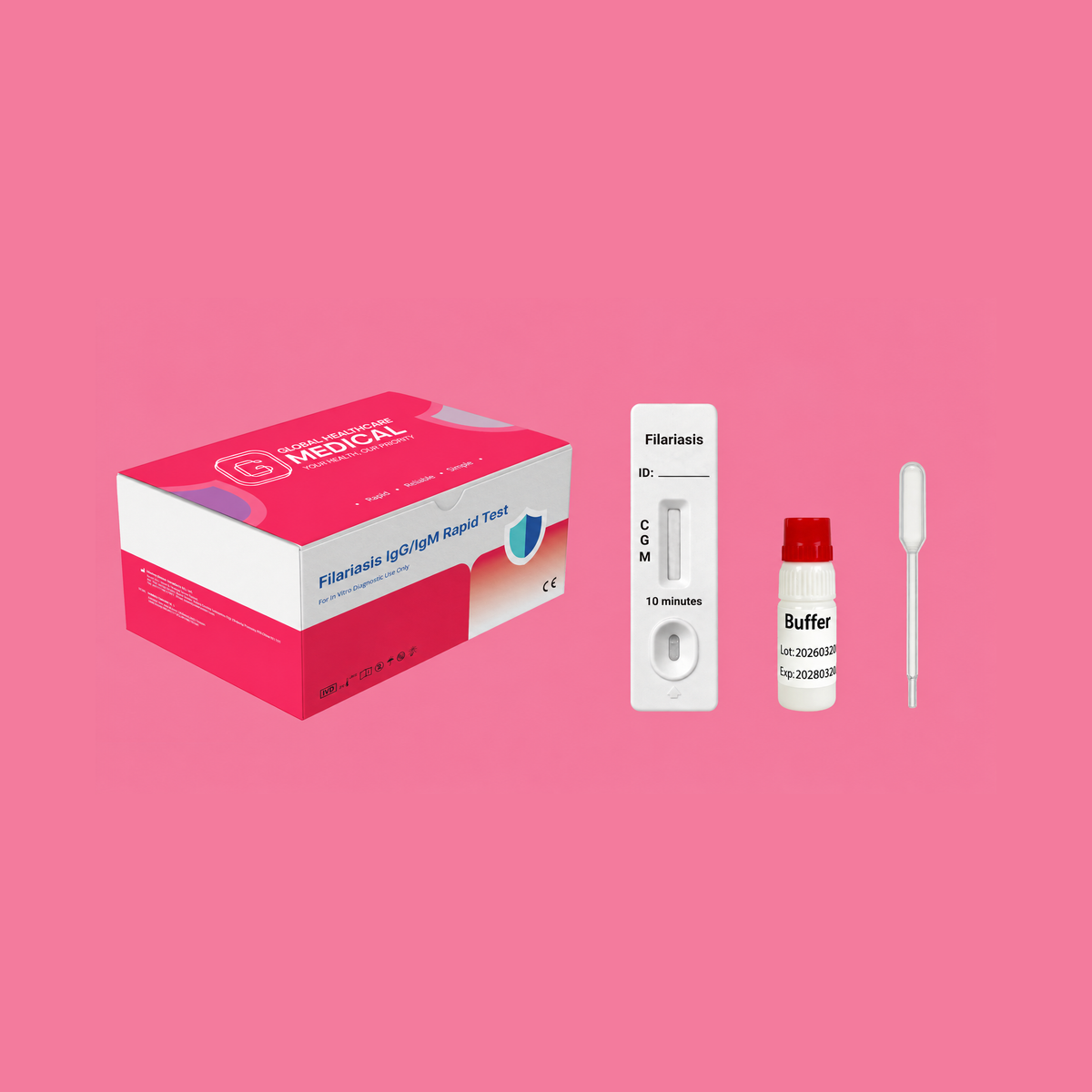 Global Healthcare Medical GHM Filariasis IgG/IgM Rapid Test US - Colloidal gold immunochromatography kit for qualitative detection and differentiation of filarial IgG and IgM antibodies in whole blood, serum, or plasma specimens with 15-minute results, 92.3% sensitivity for IgG and 98.5% sensitivity for IgM, CE marked and ISO 13485 certified for professional point-of-care use