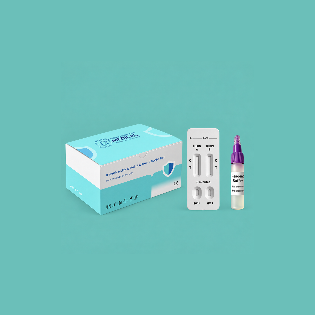 Global Healthcare Medical GHM Clostridium Difficile Toxin A & Toxin B Combo Rapid Test US - Colloidal gold immunochromatography kit for qualitative detection of Clostridium difficile Toxin A and Toxin B antigens in feces specimens with 10-minute results, 71.4% positive percent agreement vs. NAAT and 95% specificity, CE marked and ISO 13485 certified for professional point-of-care use