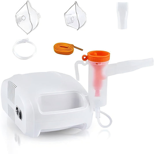Portable compressor nebulizer with medication cup, tubing, mouthpiece and masks