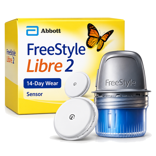 FreeStyle Libre 2 sensor kit with applicator and two round sensors on white