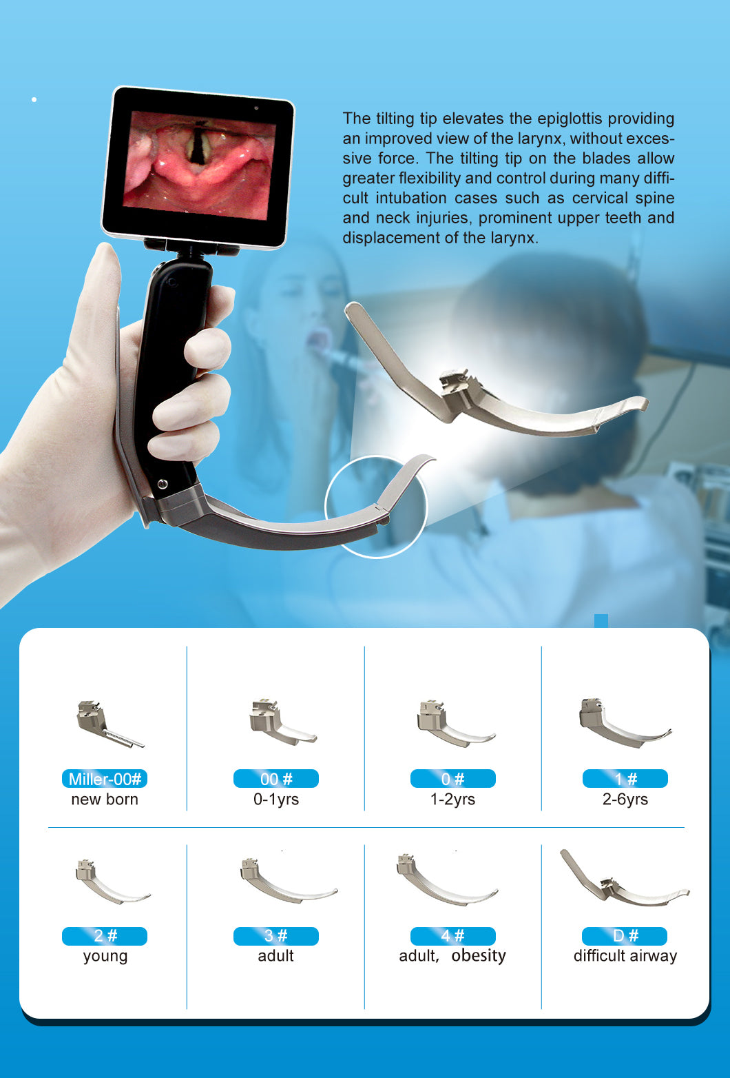 Surgical Laryngoscope 3'' TFT OLED Portable Video Laryngoscope with Reusable Blades #