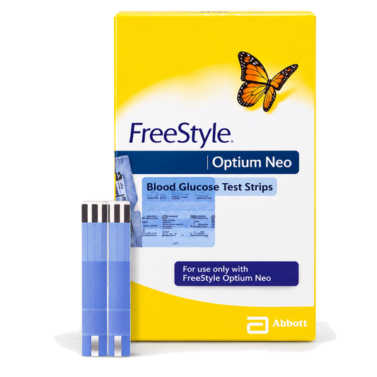 FreeStyle Optium Neo blood glucose test strip carton and blue strips
