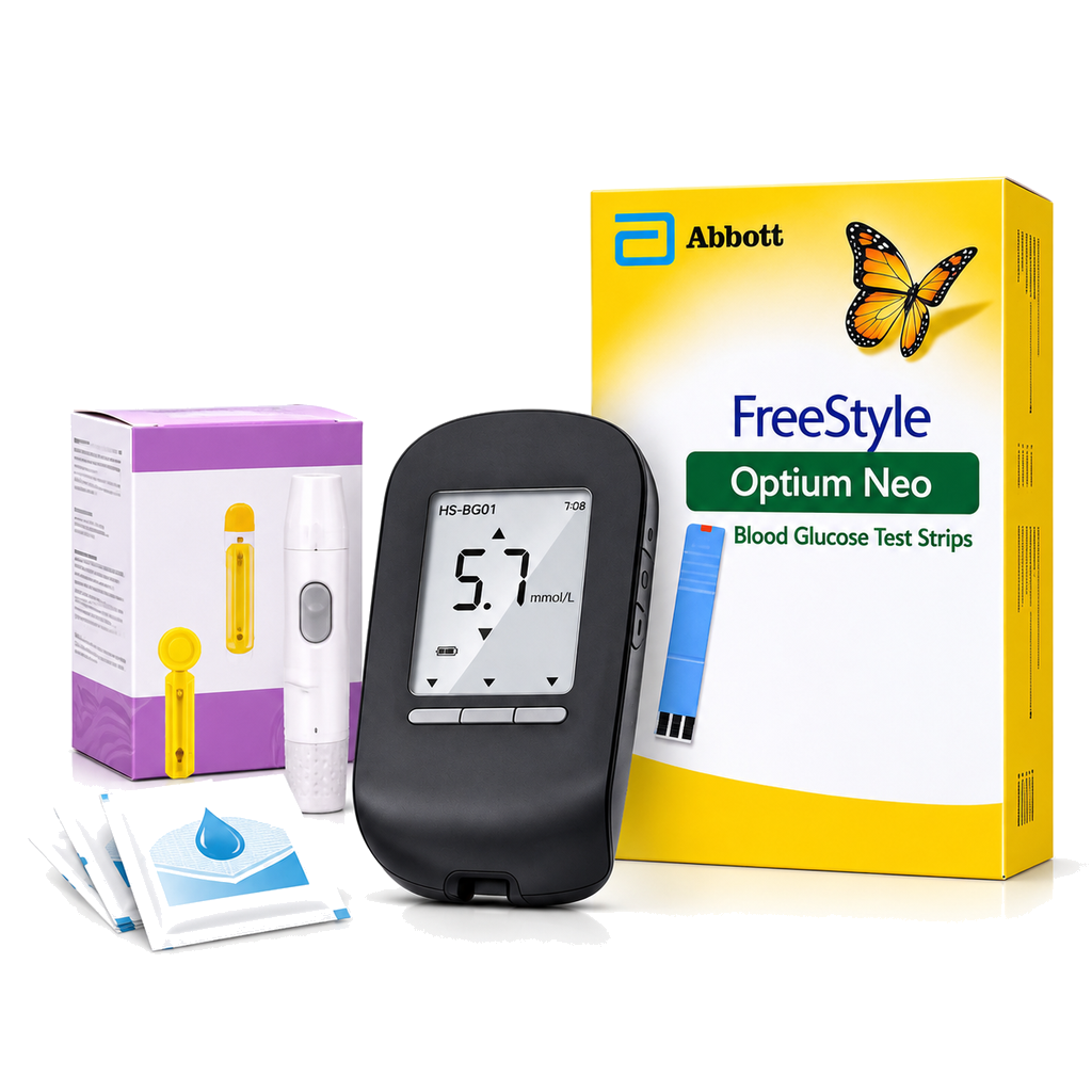 FreeStyle Optium Neo test strips with HS-BG01 meter bundle on white
