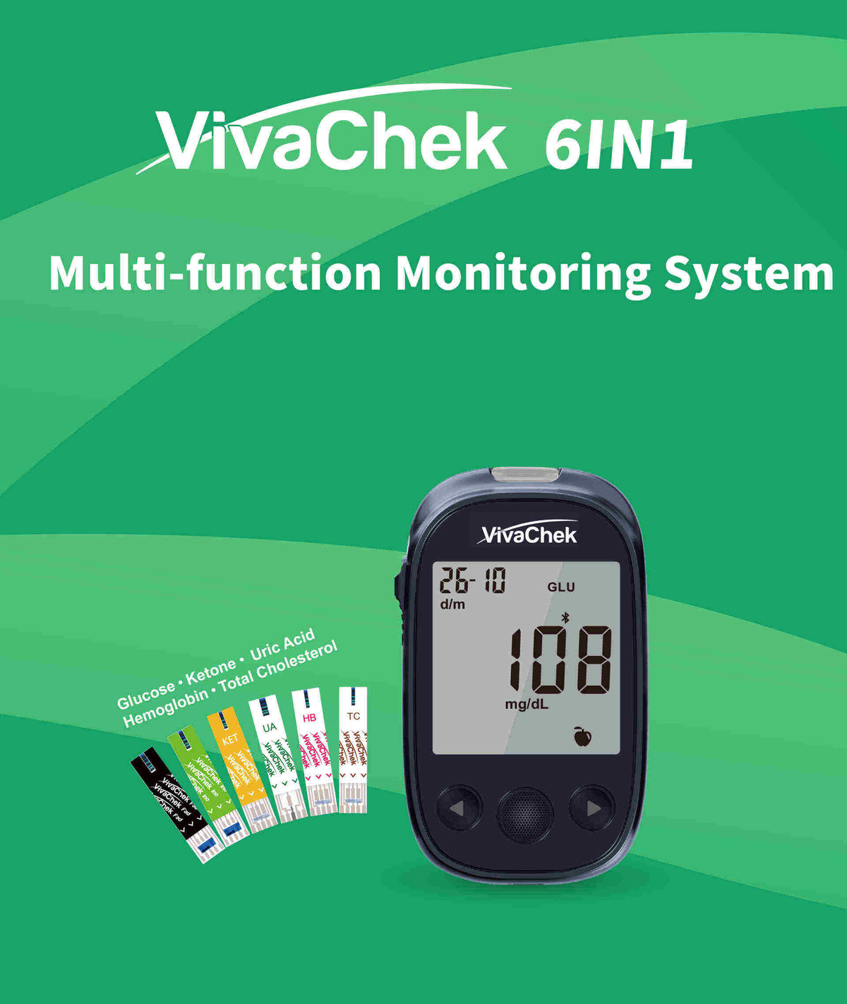 Global Healthcare Medical GHM 6IN1 US multi-function monitoring system - Six-in-one meter for glucose, ketone, hemoglobin, total cholesterol, and uric acid testing with optional Bluetooth connectivity, 1,000-result memory, and Guard app compatibility for home health monitoring