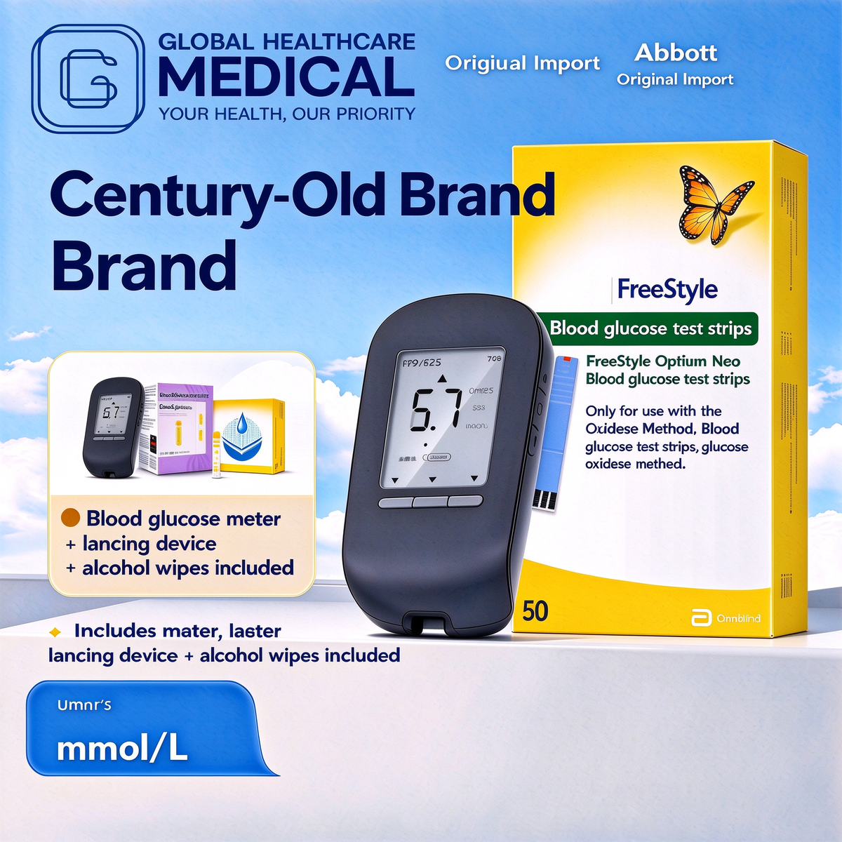 Abbott Blood Glucose Test Strips, Accurate No-Code Home Use, 50 Test Strips with Free HS-BG01 Blood Glucose Meter