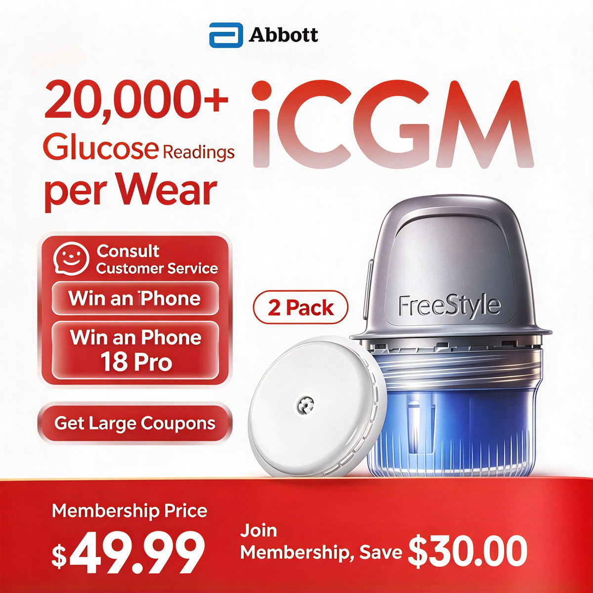 Abbott [New Major Launch] FreeStyle Libre 2 Continuous Glucose Monitoring System, 1 Box