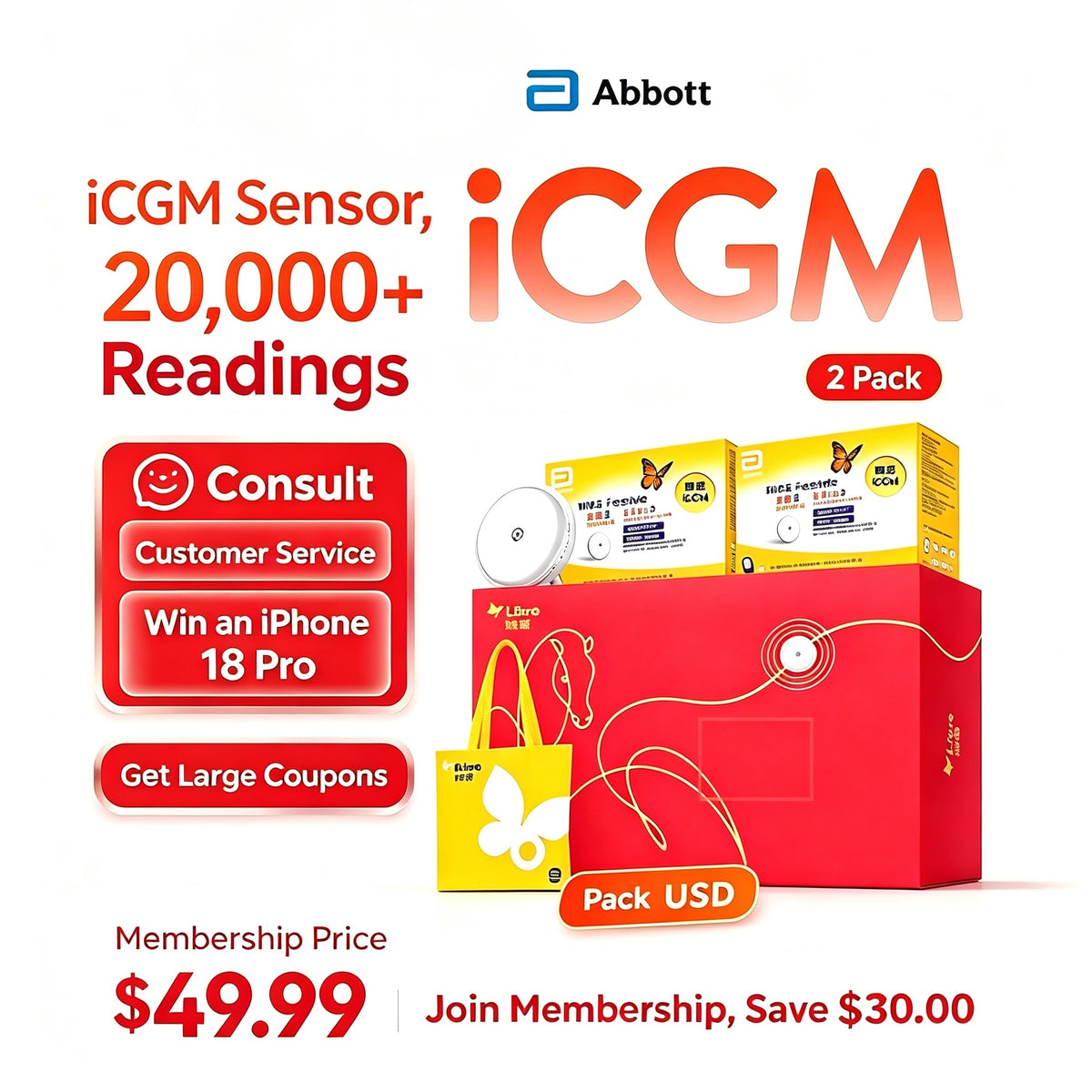 Abbott [New Major Launch] FreeStyle Libre 2 Continuous Glucose Monitoring System, 1 Box