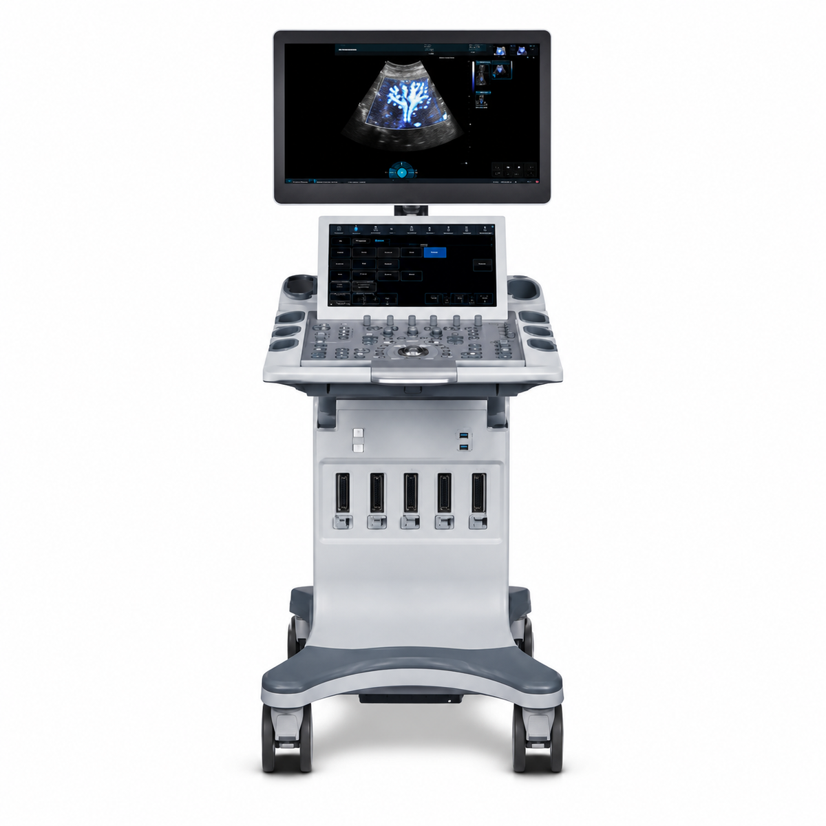 EDAN Acclarix LX6 cart-based diagnostic ultrasound system with 21.5-inch LED monitor, 14-inch touchscreen, SynSight imaging and optional cardiac, elastography and contrast licenses