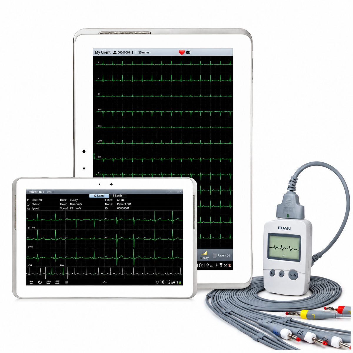EDAN PADECG iOS wireless 12-lead ECG sampling box with Bluetooth connectivity to iPad, 10,000 Hz sampling and SEMIP advisory interpretation for mobile ECG