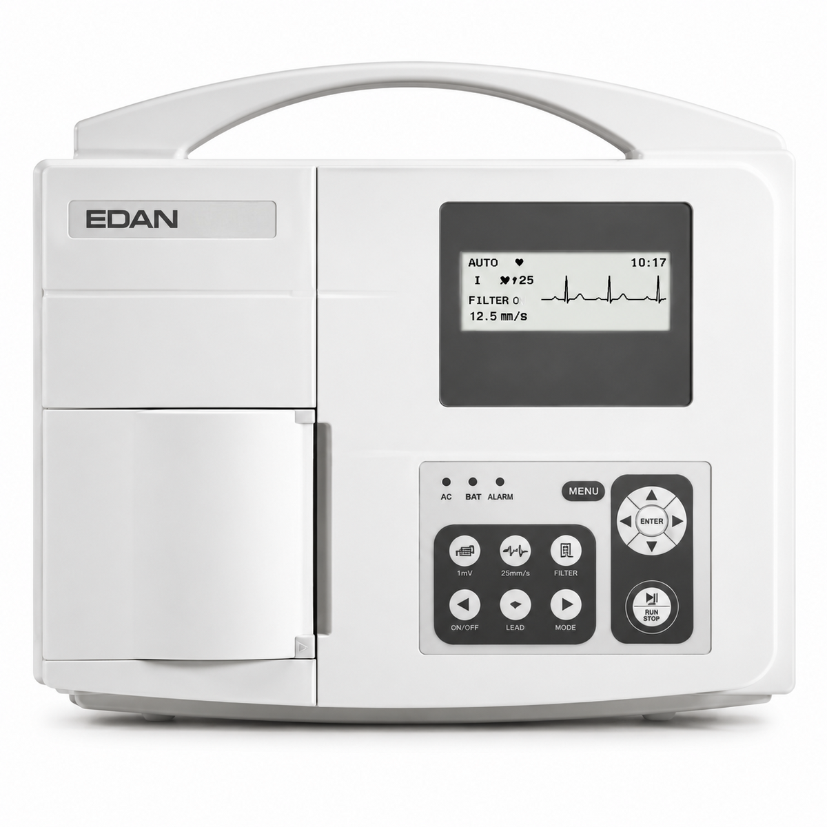 EDAN SE-100 single channel portable electrocardiograph with foldable LCD screen, built-in thermal printer and rechargeable Li-ion battery for routine ECG recording