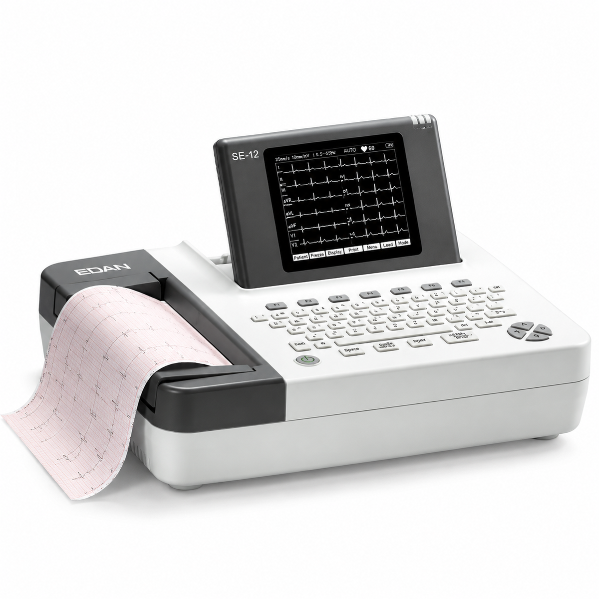 EDAN SE-12 12-channel resting electrocardiograph with 5.7-inch foldable LCD, full keyboard, 24-bit acquisition and built-in thermal printer for routine clinical ECG