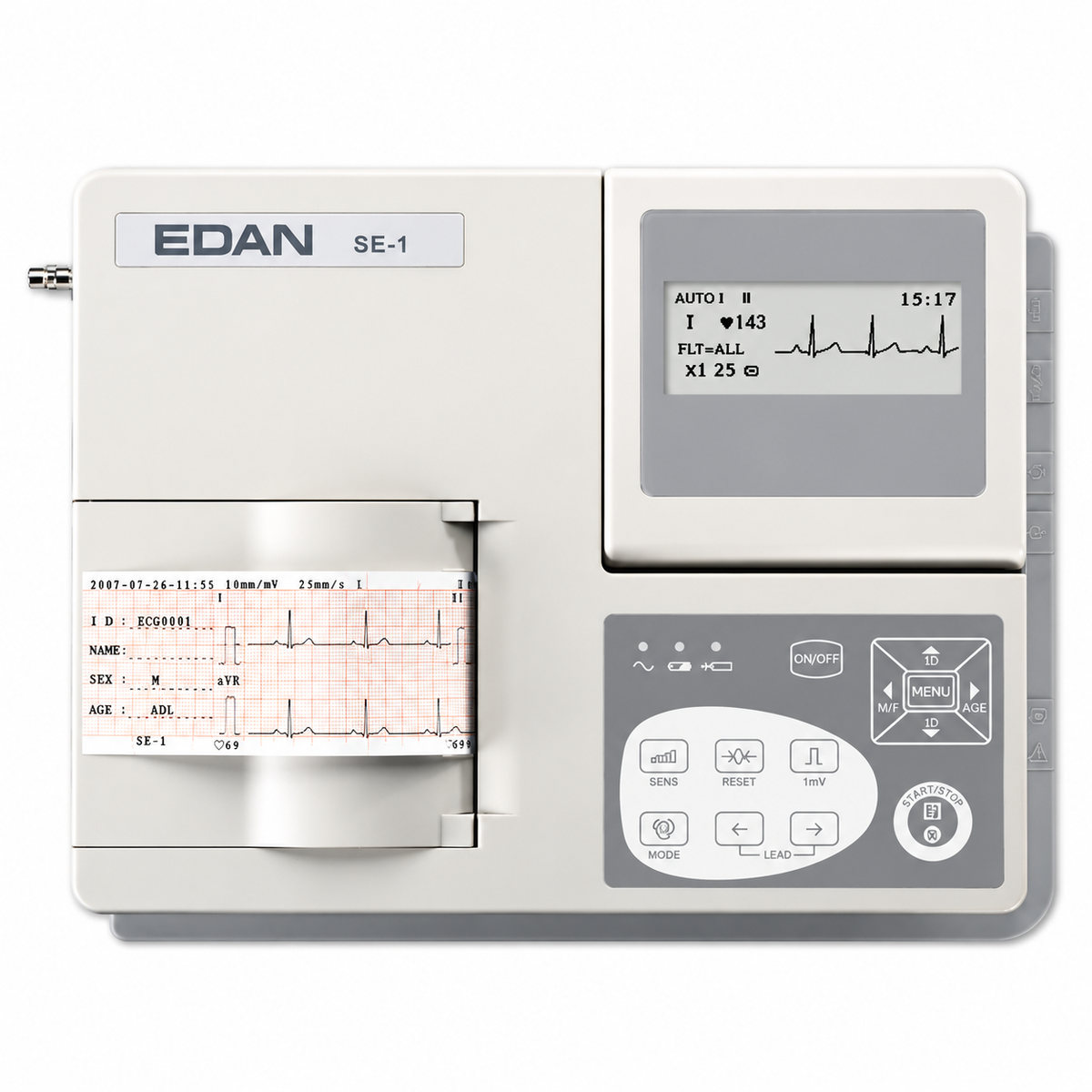 EDAN SE-1 single channel portable electrocardiograph with foldable LCD screen, built-in thermal printer and rechargeable Li-ion battery for routine ECG recording