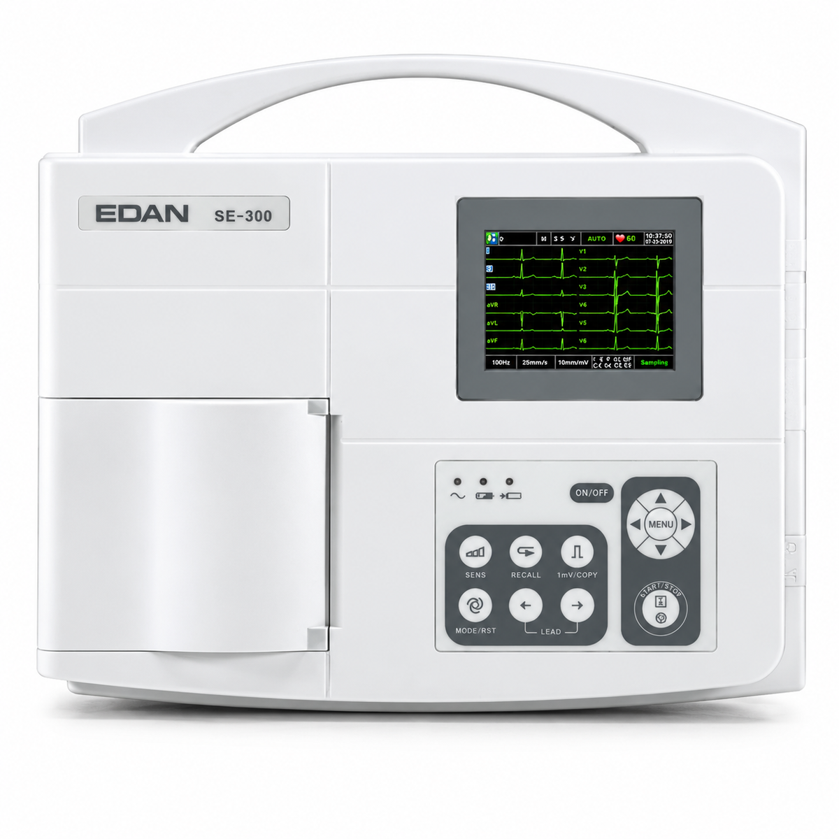 EDAN SE-300B Basic 3-channel portable electrocardiograph with 3.5-inch color LCD screen, simultaneous 12-lead acquisition and built-in thermal printer for routine ECG