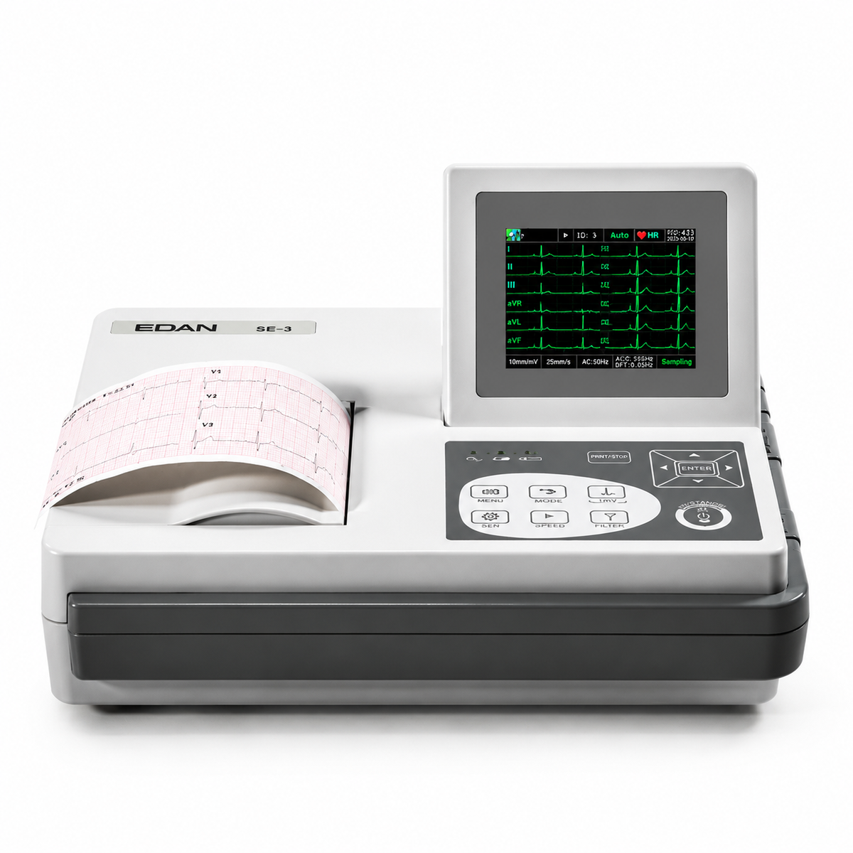 EDAN SE-3 3-channel electrocardiograph with color LCD screen and DE12 pacemaker detection board, showing ECG waveform with pacemaker markers and built-in thermal printer