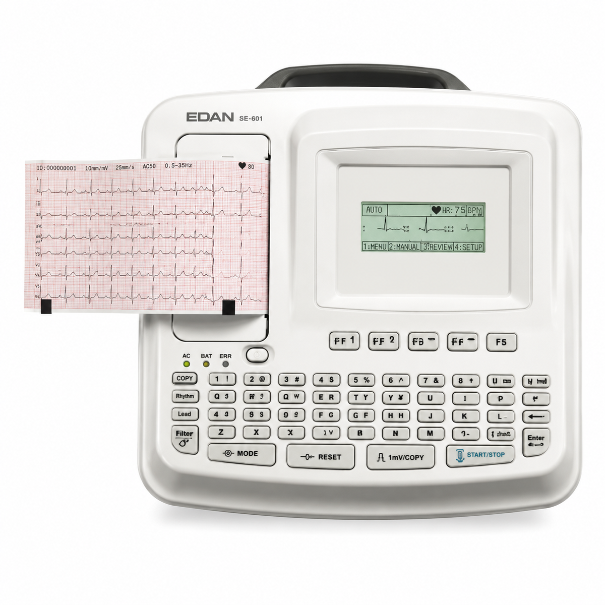 EDAN SE-601A 6-channel portable electrocardiograph with 3.5-inch monochrome LCD, simultaneous 12-lead acquisition and built-in thermal printer for routine clinical ECG