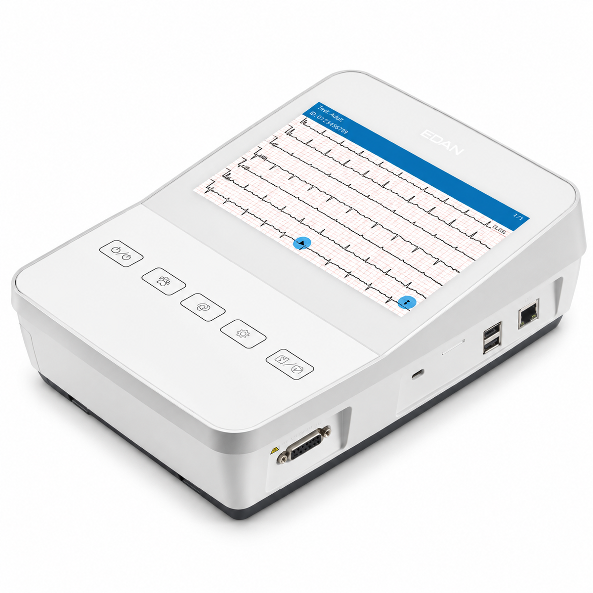EDAN VE-1200 Pro 12-channel veterinary electrocardiograph with 8.0/10.1-inch touchscreen, VE-SEMIP analysis algorithm, built-in Wi-Fi and thermal printer for animal ECG assessment