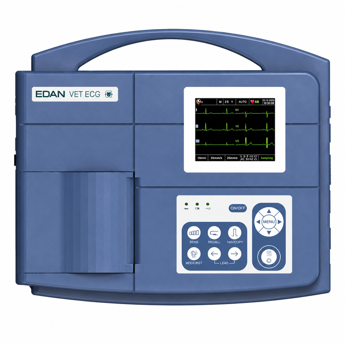 EDAN VE-300 3-channel portable veterinary electrocardiograph with 7-lead simultaneous acquisition, built-in thermal printer and 6.5-hour battery for animal ECG recording
