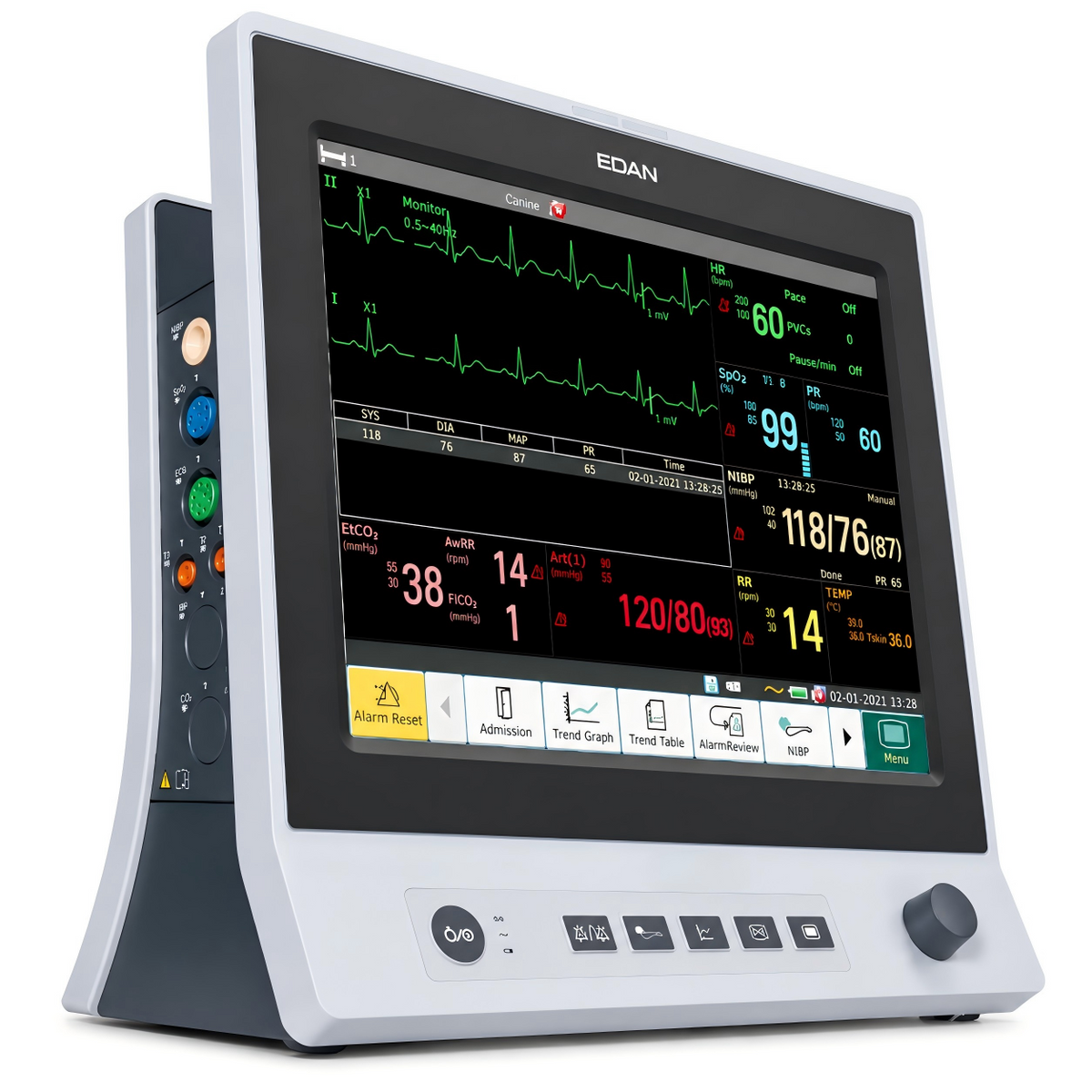 EDAN X12 VET 12.1-inch ultra-slim veterinary multi-parameter monitor with dual temperature, optional IBP and Edan G2 sidestream CO2 for dogs and cats