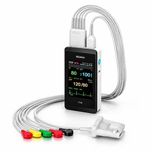 EDAN iT30 wearable telemetry monitor with 3.5-inch touchscreen, IP67 rating and up to 72-hour battery for ambulatory ECG and SpO2 monitoring