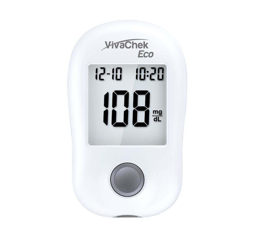 Global Healthcare Medical GHM Eco US blood glucose monitoring system - compact automatic blood glucose meter with 5-second test time, 0.5 µL sample, 20-600 mg/dL range, and 300-result memory for home glucose monitoring