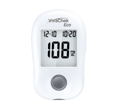 Global Healthcare Medical GHM Eco US blood glucose monitoring system - compact automatic blood glucose meter with 5-second test time, 0.5 µL sample, 20-600 mg/dL range, and 300-result memory for home glucose monitoring