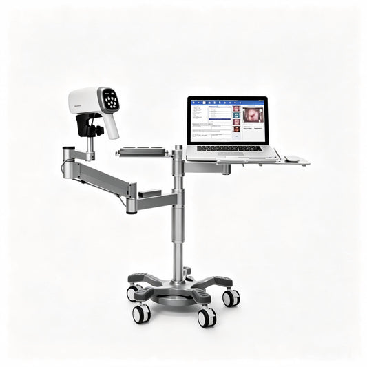 EDAN C3A video colposcope with camera and laptop on an adjustable wheeled stand