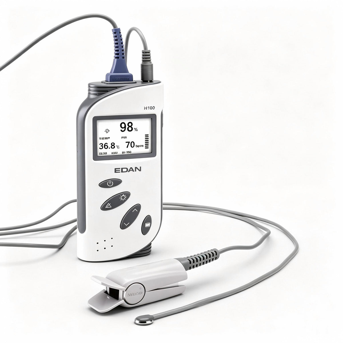 EDAN H100N handheld pulse oximeter with Nellcor OxiMax technology and LCD display for SpO2, pulse rate, and temperature monitoring
