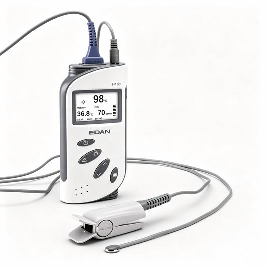 EDAN H100N handheld pulse oximeter with Nellcor OxiMax technology and LCD display for SpO2, pulse rate, and temperature monitoring