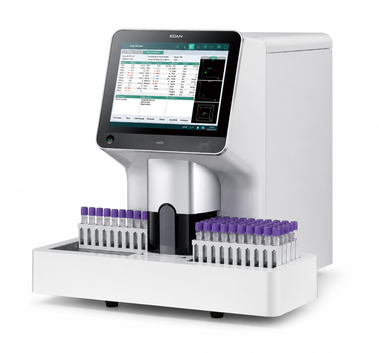 EDAN H60S 5-part hematology analyzer with 60-sample autoloader and 12.1-inch touchscreen