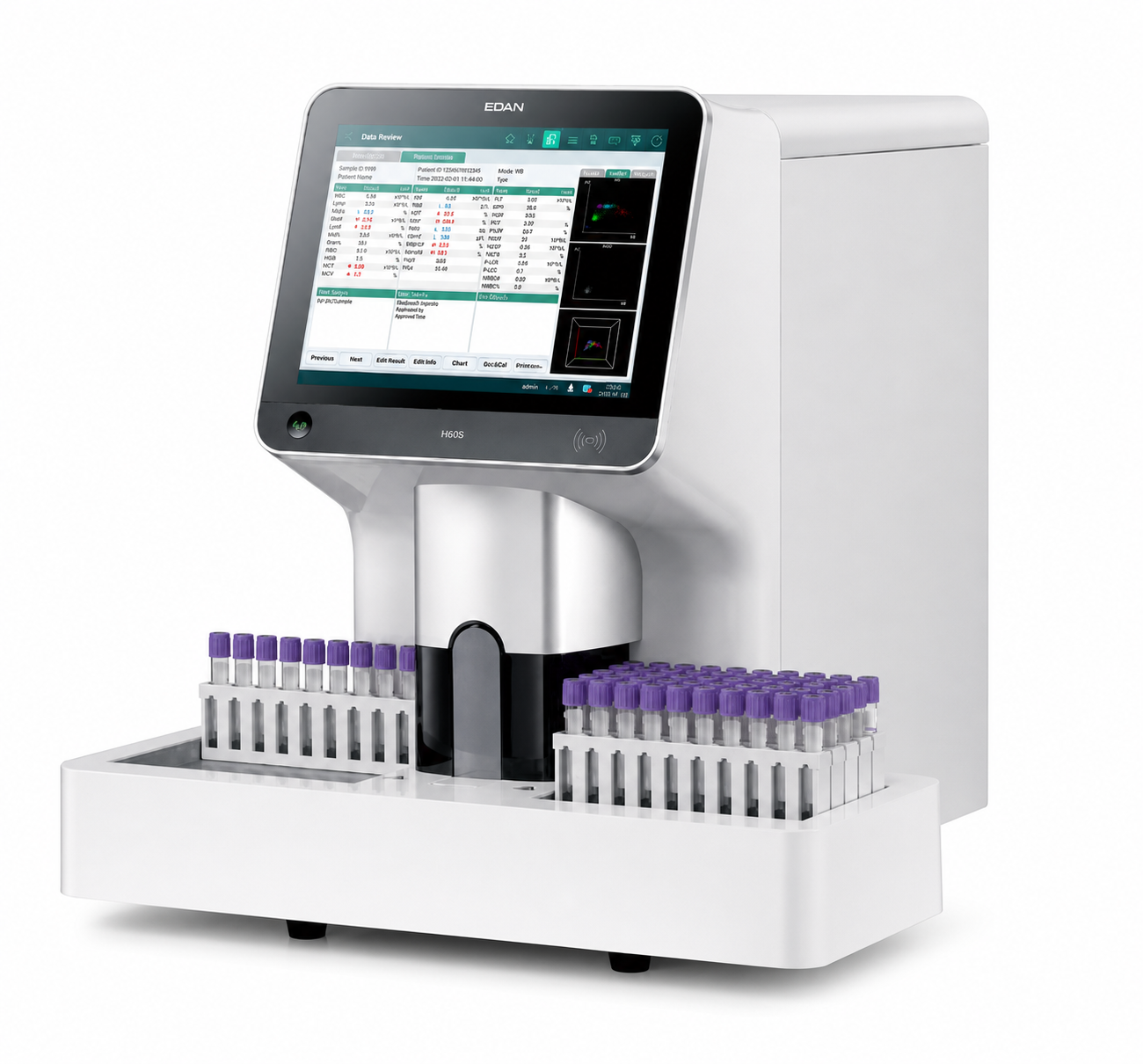 EDAN H60S CRP SAA 5-part hematology analyzer with 60-sample autoloader and 12.1-inch touchscreen
