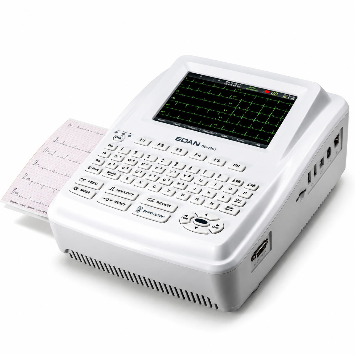 EDAN SE-1201 12-channel resting electrocardiograph with 7-inch color touchscreen, alphanumeric keyboard, 24-bit acquisition and built-in 12-channel thermal printer for clinical ECG