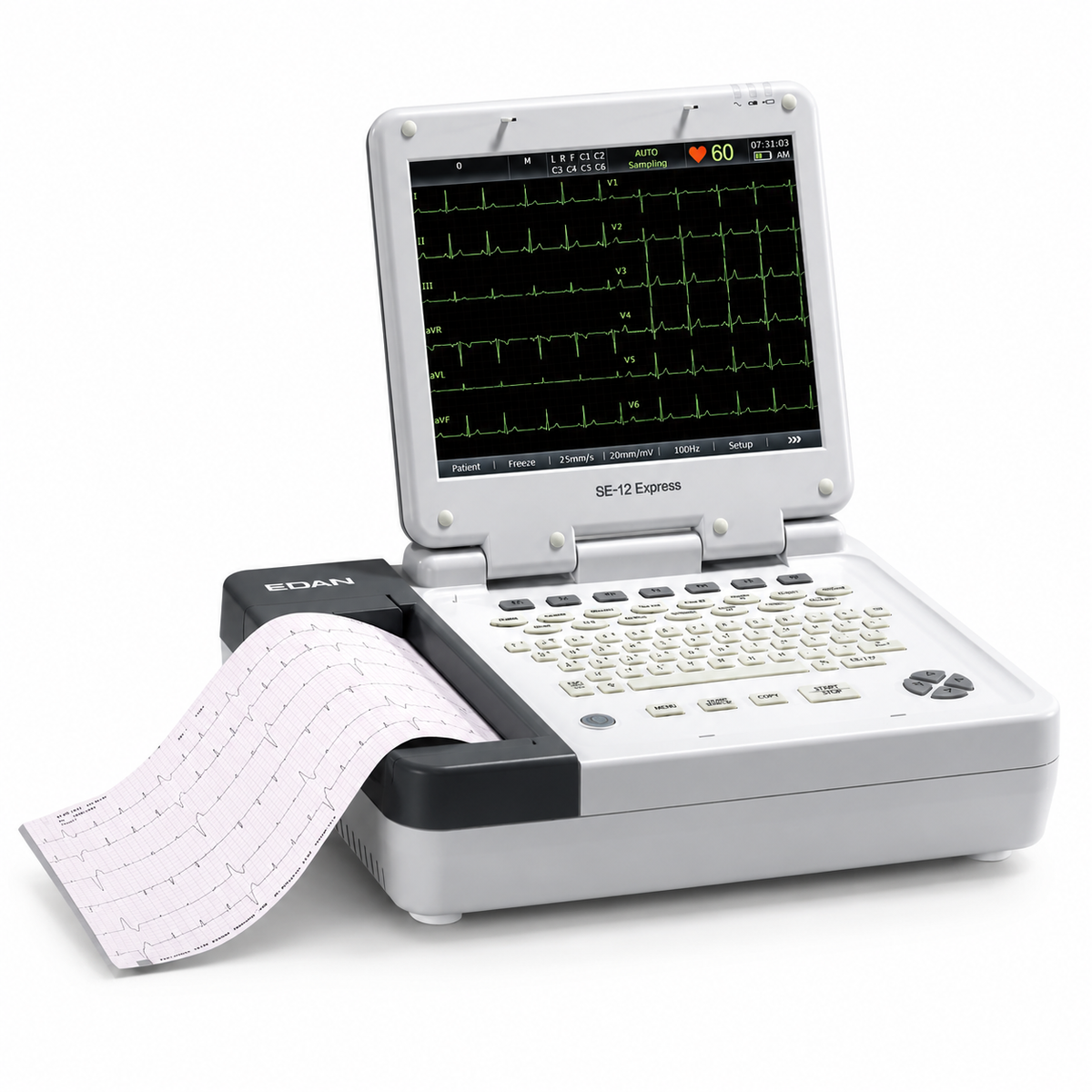 EDAN SE-12 Express 12-channel electrocardiograph with 12.1-inch foldable color touchscreen, 24-bit acquisition, integrated thermal printer and optional stress ECG for resting and exercise testing