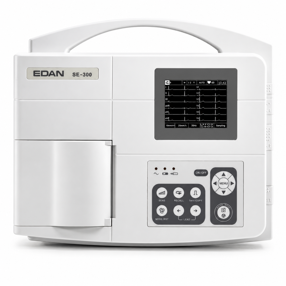 EDAN SE-300A 3-channel portable electrocardiograph with 320x240 monochrome LCD screen, simultaneous 12-lead acquisition and built-in thermal printer for routine ECG